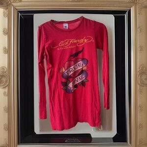 Ed Hardy by Christian Audigier Red Minidress L/S Bodycon Rhinestones Y2K M